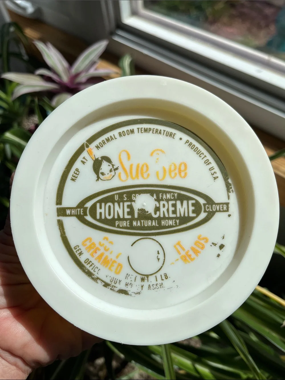 Vtg MCM Sue Bee Honey Creme Swirl Glass Bowl w/Plastic Lid Pale Yellow